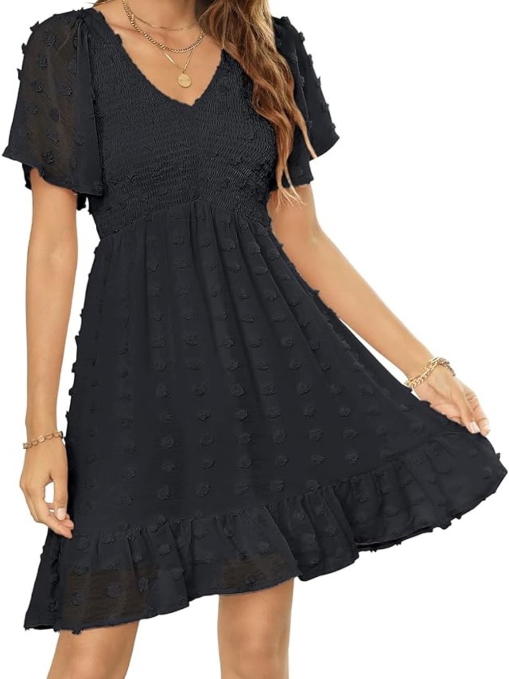 Tecrew Black Swiss Dot V-Neck Smocked Dress (New w/ tags)